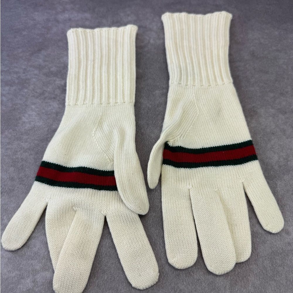 Gucci Lambs Wool Cream Knit Web Stripe Gloves Medium - Picture 5 of 8